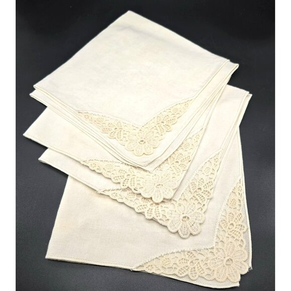 Vintage Cream Linen Napkins With Intricate Lace Floral Corners Set Of 4 JJ3964 - Picture 1 of 9